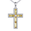 wholesale 925 Sterling Silver Cross Pendant Necklace With Yellow Cubic Zirconia For Women-0-0